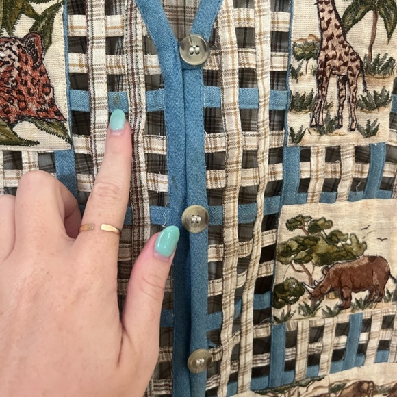 Vintage Open-Stitch Safari Animals Vest XL Cotton Linen Zoo - Picture 5 of 5